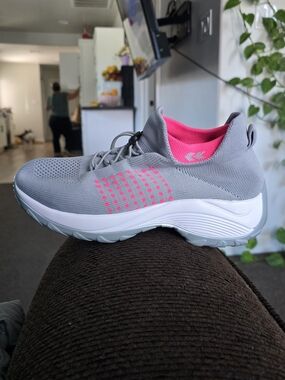 Athletic Slip-On Knit Sneakers in Gray with Pink Lining